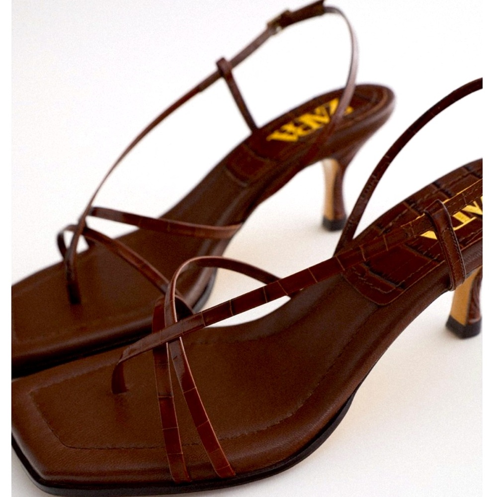 Zara genuine leather brown snake heeled sandals strappy brown shoe